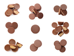 Set with delicious peanut butter cups on white background, top view