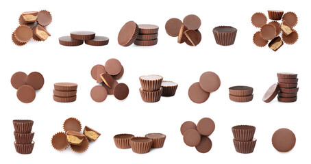 Set with delicious peanut butter cups on white background