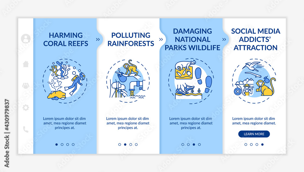 Poster green tourism challenges onboarding vector template. responsive mobile website with icons. web page 