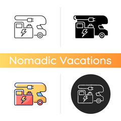 RV power generators icon. Electricity supply. Portable technology for trailer van. Roadtrip gear. Nomadic lifestyle. Linear black and RGB color styles. Isolated vector illustrations