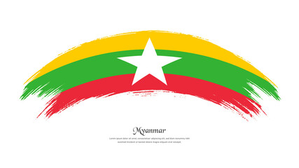 Flag of Myanmar in grunge style stain brush with waving effect on isolated white background