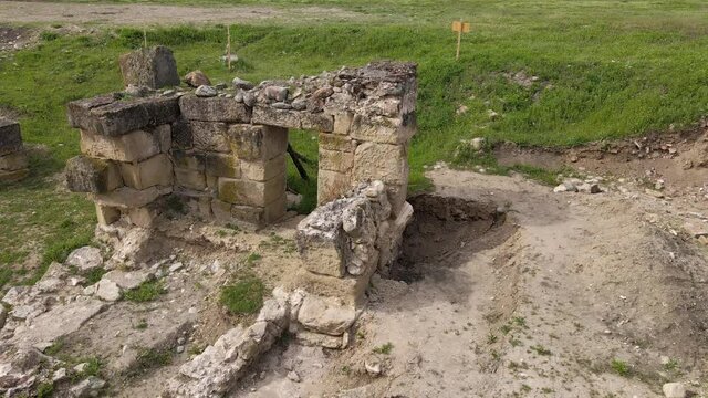 Drone aerial view on main gate ruin of Felix Timacum minus ancient castle and fortress military garrison from roman empire time with walls and buildings remaining located near Ravna Knjazevac Serbia