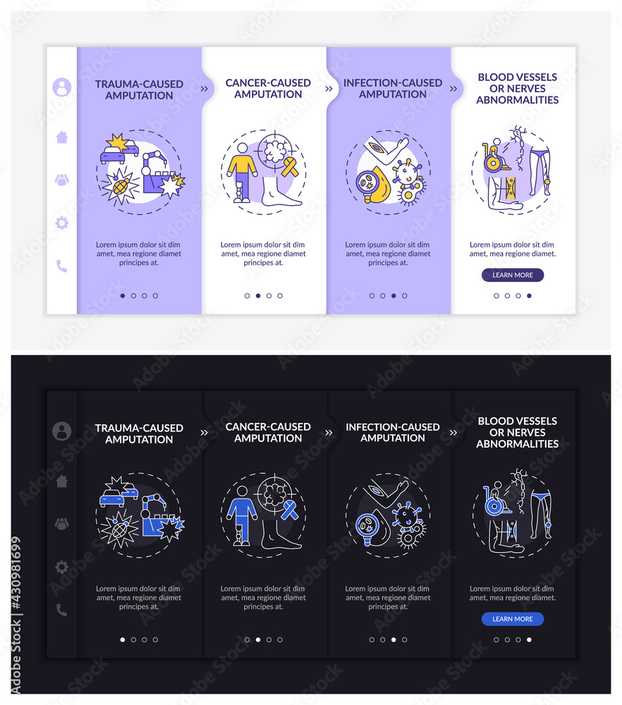Poster amputated limb reasons onboarding vector template. responsive mobile website with icons. web page wa