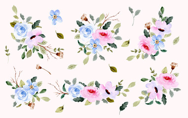Fototapeta na wymiar blue pink flower garden watercolor arrangement collection 