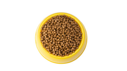 Dry pet food in a yellow bowl on white background.
