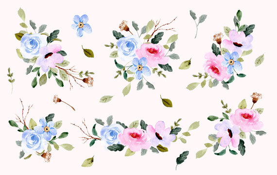 blue pink flower garden watercolor arrangement collection 