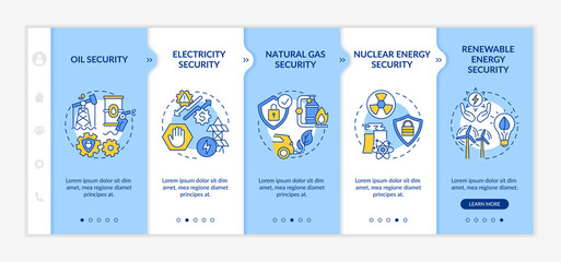 Fototapeta premium Energetic security types onboarding vector template. Responsive mobile website with icons. Web page walkthrough 5 step screens. Electricity, nuclear energy color concept with linear illustrations