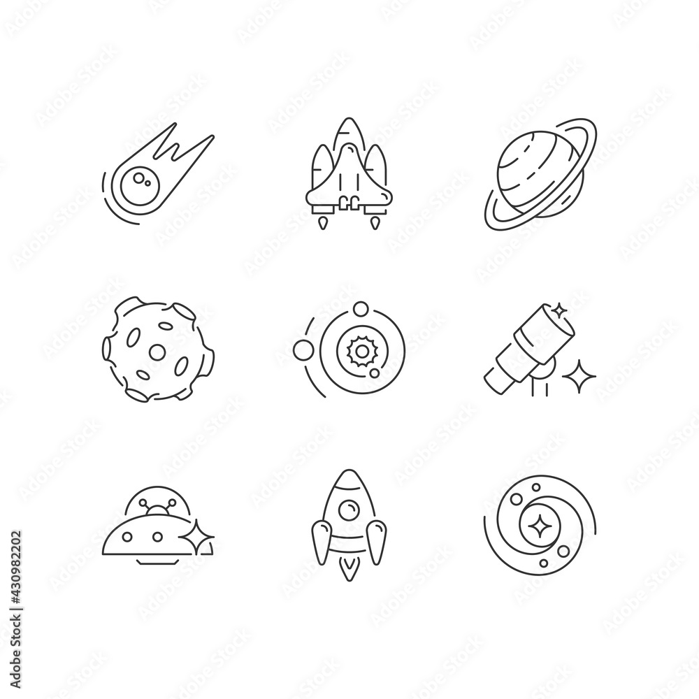 Poster astronautic linear icons set. person trained by spaceflight program to serve as crew member. customi