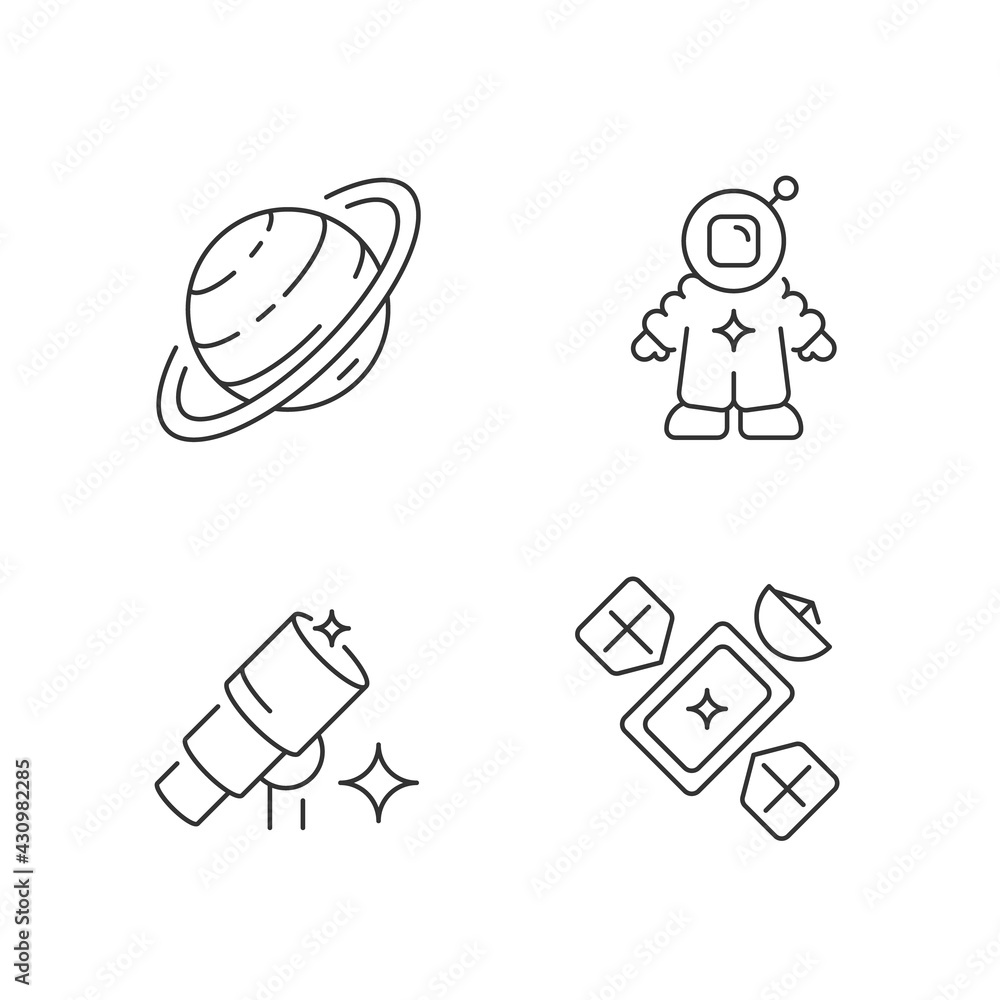 Poster astronautic linear icons set. tool for making star maps and maps of planetary surfaces. customizable