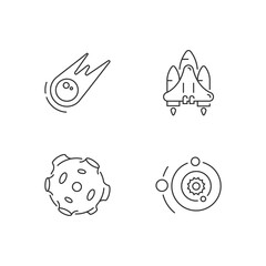 Astronautic linear icons set. Gravitationally system of sun and planets. Earth natural satellite. Customizable thin line contour symbols. Isolated vector outline illustrations. Editable stroke