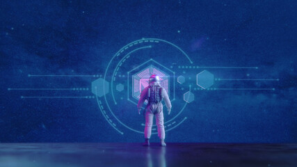 Astronaut in virtual space with abstract navigation display - illumnated by neon lights   Sci-Fi Time & Space Travel Konzept   3D Render Illustration © Jacqueline Weber