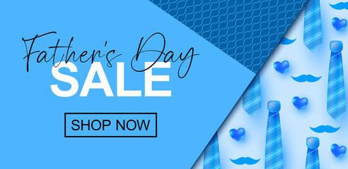 Father's Day Sale poster, banner template. Promotion and shopping template for dad. Blue background. Sale for love dad. Vector illustration