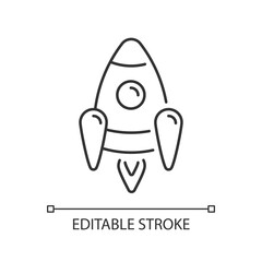 Space rocket linear icon. Spacecraft or aircraft used to travel into space and deliever tools. Thin line customizable illustration. Contour symbol. Vector isolated outline drawing. Editable stroke