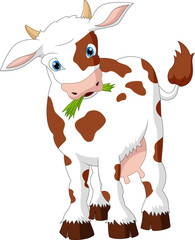 cartoon cow eating grass on a white background
