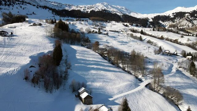 Aerial view on the ski slopes of Nara in the Swiss Alps

