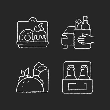 Pickup And Delivery Option Chalk White Icons Set On Black Background. Cakes And Desserts. Food Curbside Pickup. Burritos And Tacos. Beer. Sweet Baked Food. Isolated Vector Chalkboard Illustrations