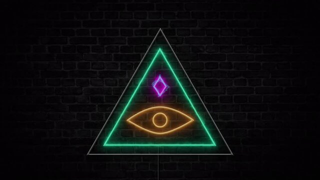 All seeing eye pyramid symbol in the neon sign.Masonic, spirituality,illuminati,religion,triangle magic,new world order,providence,occultism,knowledge.Glowing banner in brick wall abstract background.