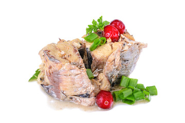 canned fish with cranberries and parsley is isolated on a white background.