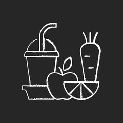 Fresh juice-to-go chalk white icon on black background. Fruit and vegetable smoothies. Balanced diet. Meal replacement. Juicing and blending ingredients. Isolated vector chalkboard illustration