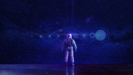 Fototapeta na wymiar Astronaut in virtual space with abstract navigation display - illumnated by neon lights | Sci-Fi Time & Space Travel Konzept | 3D Render Illustration
