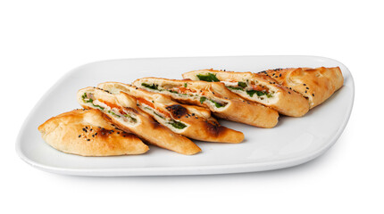 Turkish boat-shaped flatbread pide isolated on white