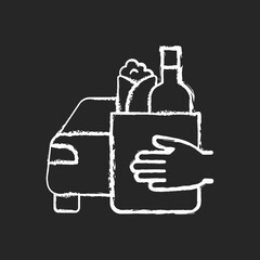 Drinks and food curbside pickup chalk white icon on black background. Delivery to consumer vehicle. New revenue for restaurant, cafe. Social distancing. Isolated vector chalkboard illustration