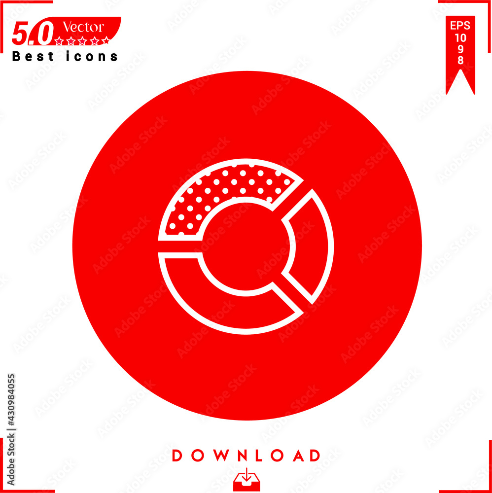 Poster outlines of a white pie-chart icon isolated on a red background. line symbol. graphic design, mobile