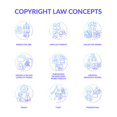 Copyright law concept icons set. Original works authorship protection idea thin line RGB color illustrations. Freebooting. Making and selling copies. Joint authorship. Vector isolated outline drawings