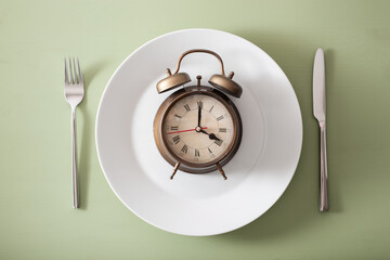 concept of intermittent fasting, ketogenic diet, weight loss. fork and knife, alarmclock on plate