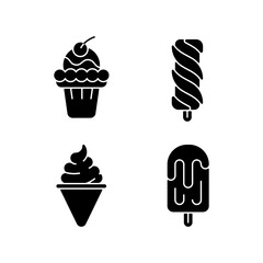 Ice cream varieties black glyph icons set on white space. Soft ice in waffle bowl. Popsicles. Cone-shaped frozen pastry. Sweet creamy dessert. Silhouette symbols. Vector isolated illustration