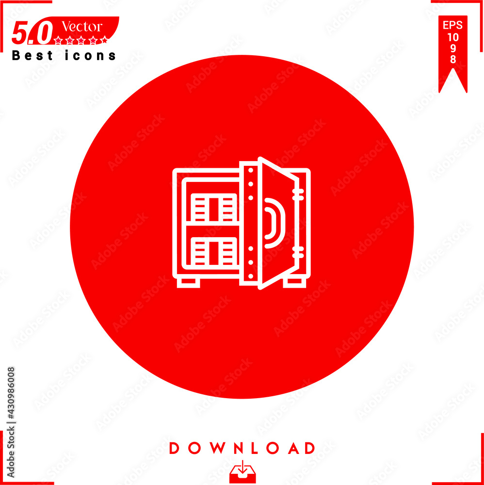 Poster outlines of a white safebox icon isolated on a red background. line symbol. graphic design, mobile a