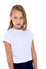 Fototapeta premium Blonde in a white T-shirt in the studio on a white background. Close-up