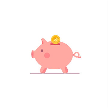 Modern cute pink piggy bank with falling coins icon. Money saving, budget, open a bank deposit, earnings, economy concept. Vector illustration in cartoon flat style.