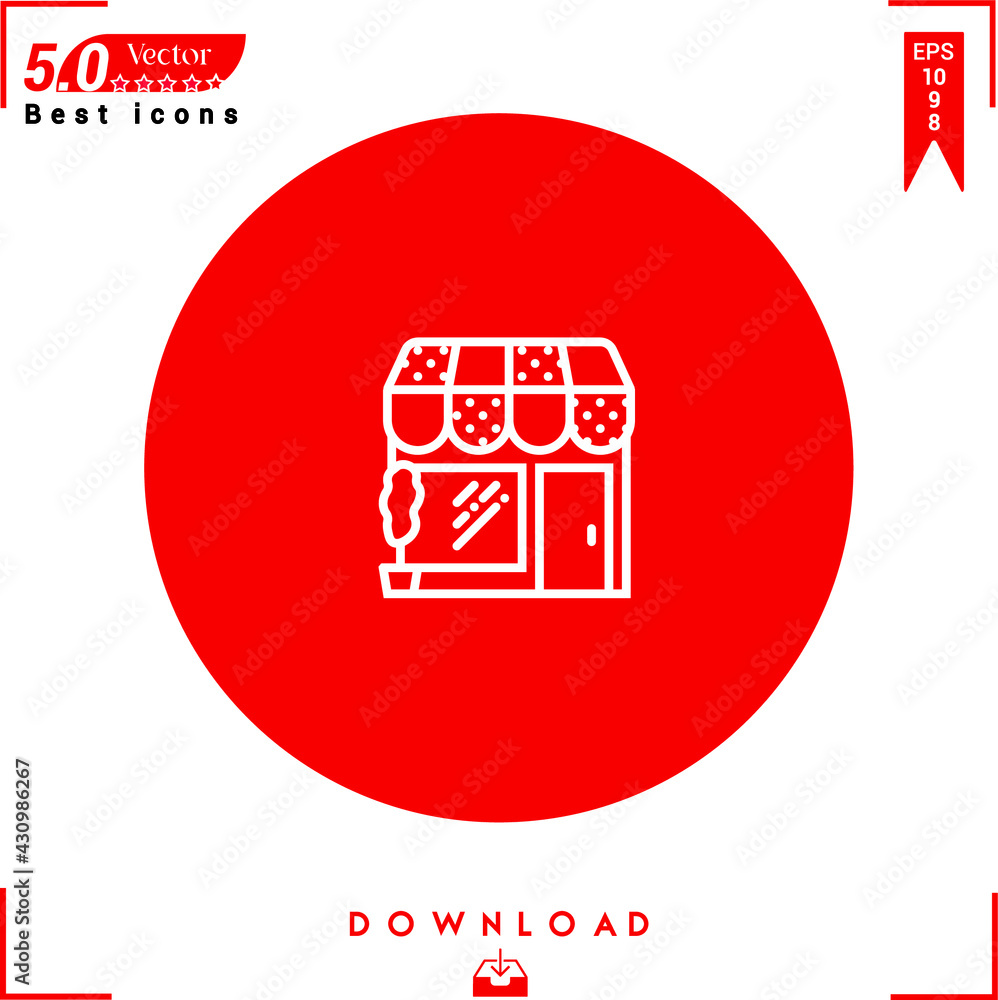 Poster outlines of a white store icon isolated on a red background. line symbol. graphic design, mobile app