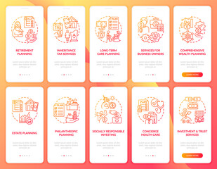 Wealth manage onboarding mobile app page screen with concepts set. Services, budget planning walkthrough 5 steps graphic instructions. UI, UX, GUI vector template with linear color illustrations