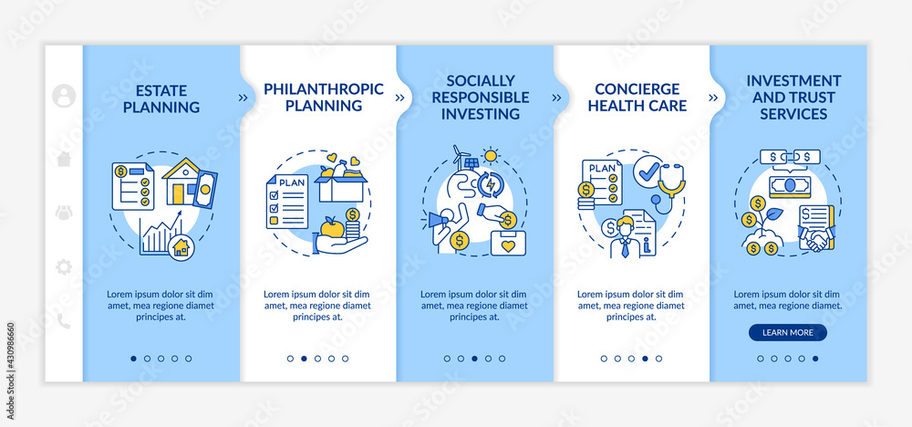 Poster wealth counselling onboarding vector template. responsive mobile website with icons. web page walkth