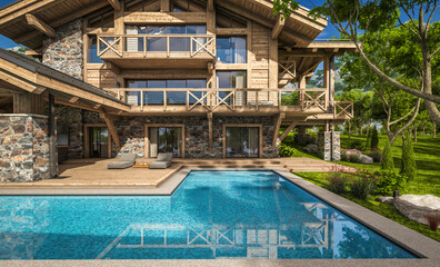 3d rendering of modern cozy chalet with pool and parking for sale or rent. Beautiful forest mountains on background. Massive timber beams columns. Clear sunny summer day with cloudless sky.