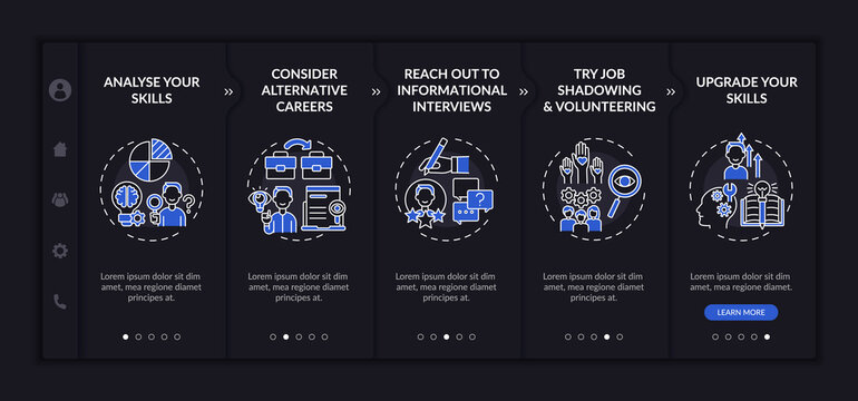 Career change steps onboarding vector template dark theme. Responsive mobile website with icons. Web page walkthrough 5 step screens. Find new job night mode concept with linear illustrations