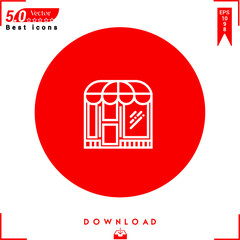 outlines of a white store icon isolated on a red background. Line symbol. Graphic design, mobile application, logo, user interface. Stroke that can be used for editing. Vector description in EPS10