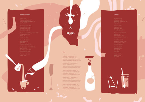 Menu design. Alcoholic, dairy, hot drinks. Lines and abstract shapes. Vector template for menu, list, banner, booklet, flyer, layout, poster. 