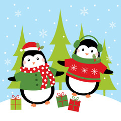 christmas card with penguin and gifts
