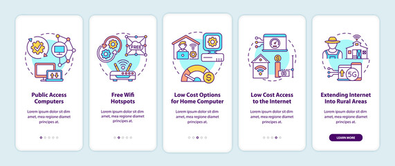 Digital inclusion measures onboarding mobile app page screen with concepts. Computer walkthrough 5 steps graphic instructions. UI, UX, GUI vector template with linear color illustrations