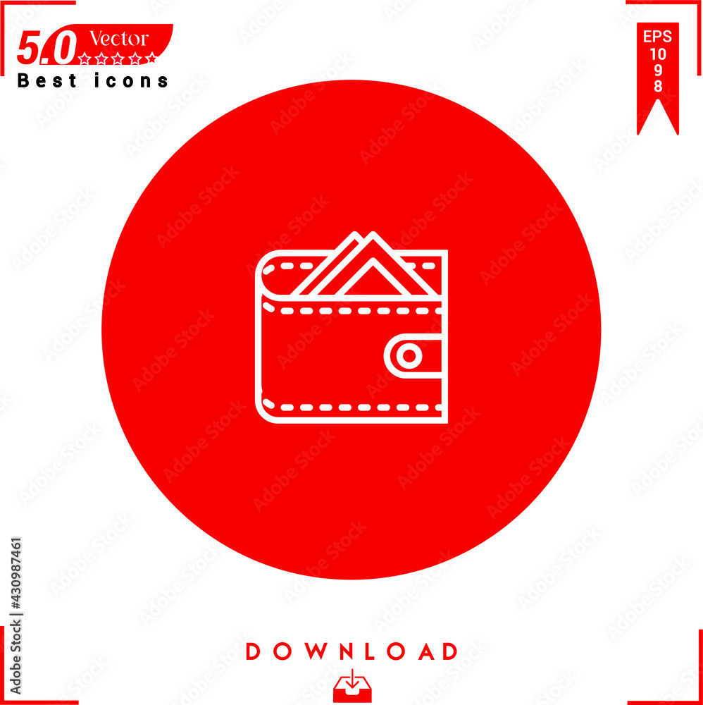 Poster outlines of a white wallet icon isolated on a red background. line symbol. graphic design, mobile ap