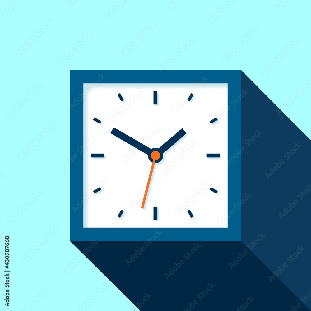 Poster clock icon in flat style, square timer on blue background. business watch. vector design element for