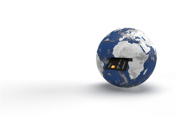 World globe as bankomat and credit card  on isolated background. Online shopping with credit card.