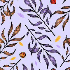 Colorful floral abstract pattern with simple colorful flowers, leaves, branches. Vector seamless print on color background