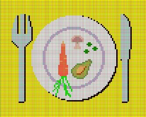 vegetarian breakfast, stylized image, pixel drawing of vegetarian food on a plate