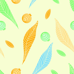 Colorful floral abstract pattern with simple colorful flowers, leaves, branches. Vector seamless print on color background