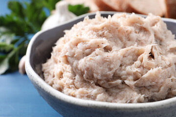 Delicious lard spread in bowl, closeup view