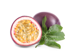 Cut and whole passion fruits with leaf isolated on white